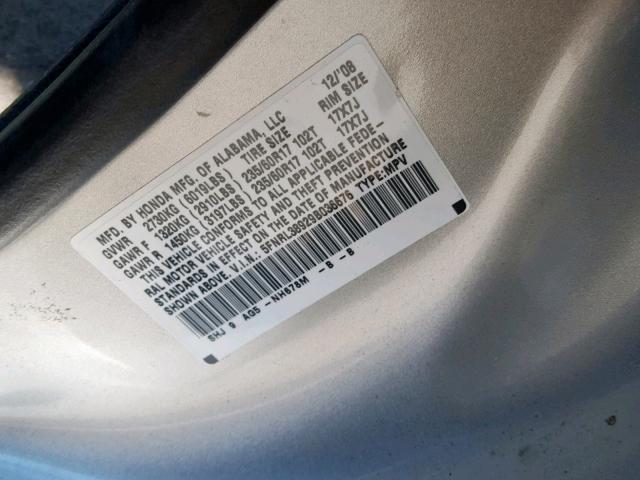 5FNRL38929B036676 - 2009 HONDA ODYSSEY TO SILVER photo 10