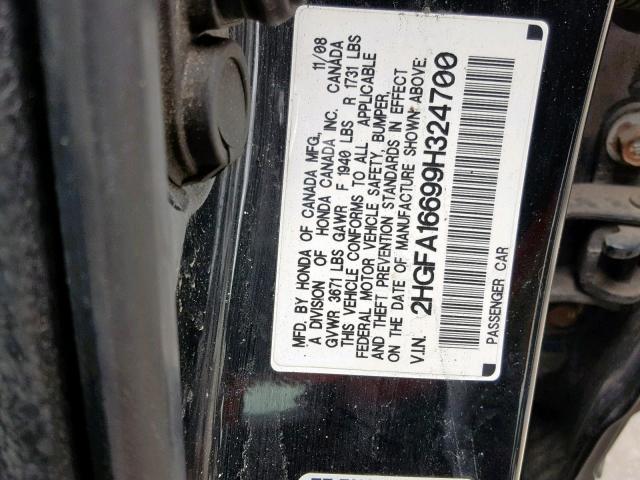 2HGFA16699H324700 - 2009 HONDA CIVIC LX-S Սև լուսանկար 10