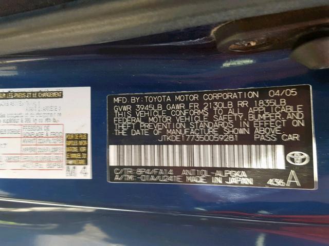 JTKDE177350059281 - 2005 TOYOTA SCION TC ლურჯი ფოტო 10