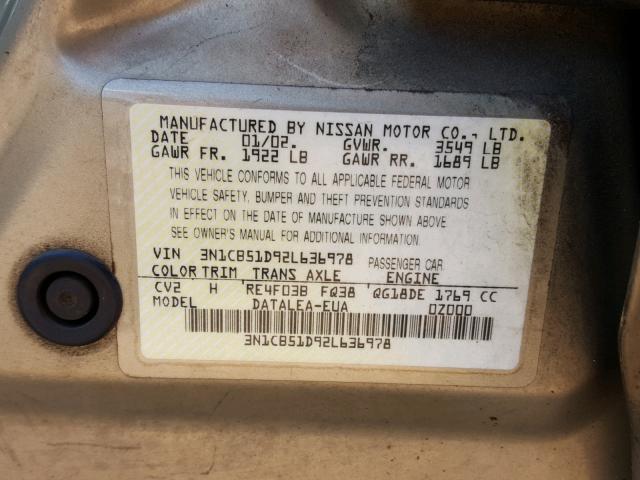 3N1CB51D92L636978 - 2002 NISSAN SENTRA XE GOLD photo 10