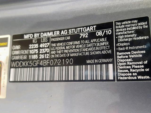 WDDKK5GF4BF072190 - 2011 MERCEDES-BENZ E 350 GRAY photo 10