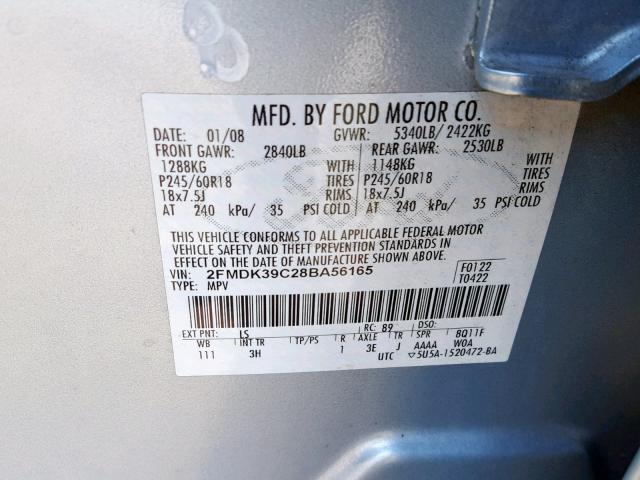 2FMDK39C28BA56165 - 2008 FORD EDGE LIMIT BLUE photo 10