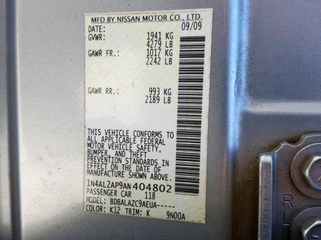 1N4AL2AP9AN404802 - 2010 NISSAN ALTIMA BAS SILVER photo 10