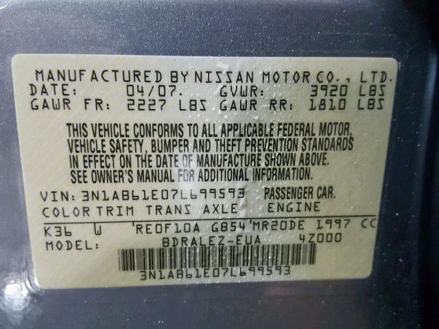 3N1AB61E07L699593 - 2007 NISSAN SENTRA 2.0 GRAY photo 10