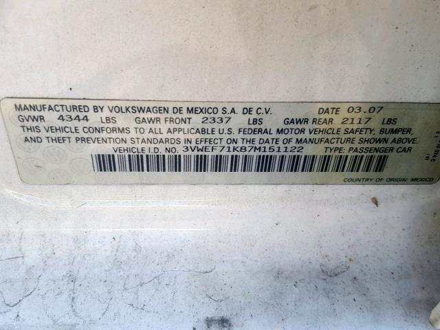 3VWEF71K87M151122 - 2007 VOLKSWAGEN JETTA WOLF WHITE photo 10