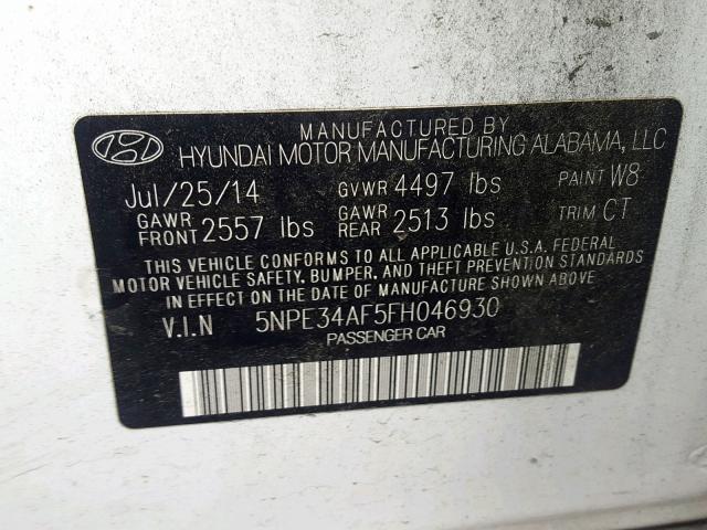 5NPE34AF5FH046930 - 2015 HYUNDAI SONATA SPO WHITE photo 10