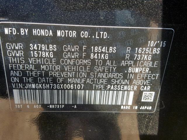 JHMGK5H73GX006107 - 2016 HONDA FIT EX BLACK photo 10