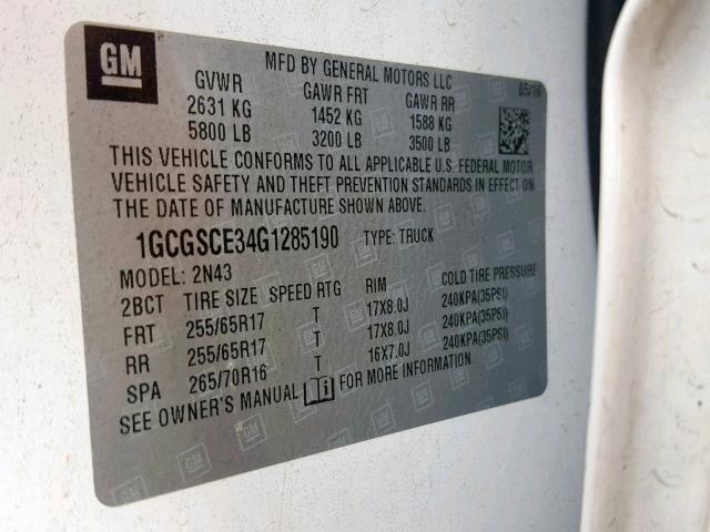 1GCGSCE34G1285190 - 2016 CHEVROLET COLORADO L WHITE photo 10