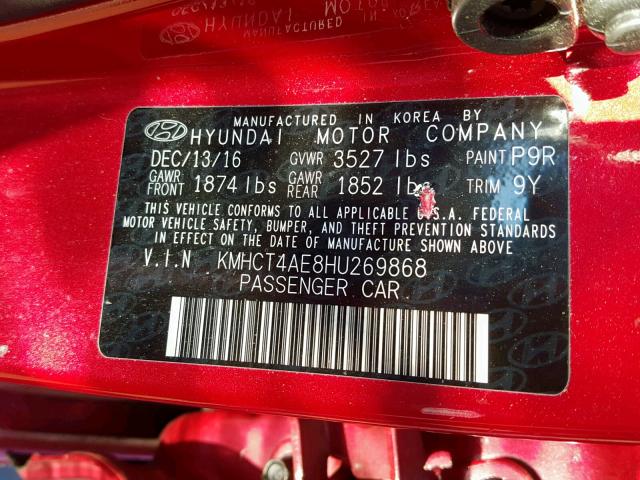 KMHCT4AE8HU269868 - 2017 HYUNDAI ACCENT SE RED photo 10