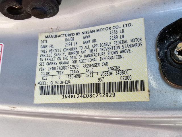 1N4BL24E08C252929 - 2008 NISSAN ALTIMA 3.5 SILVER photo 10