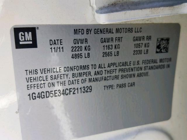 1G4GD5E34CF211329 - 2012 BUICK LACROSSE P WHITE photo 10