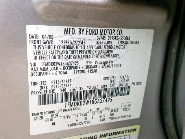 1FMDK02W18GA37425 - 2008 FORD TAURUS X S GRAY photo 10