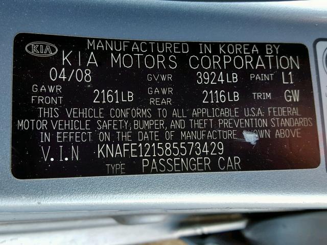 KNAFE121585573429 - 2008 KIA SPECTRA EX BLUE photo 10