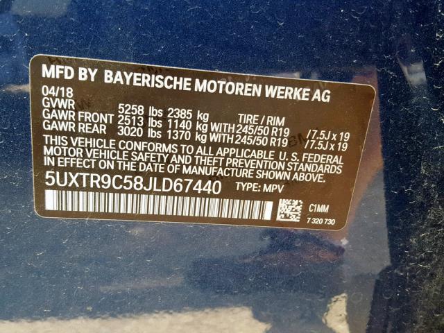 5UXTR9C58JLD67440 - 2018 BMW X3 XDRIVE3 BLUE photo 10
