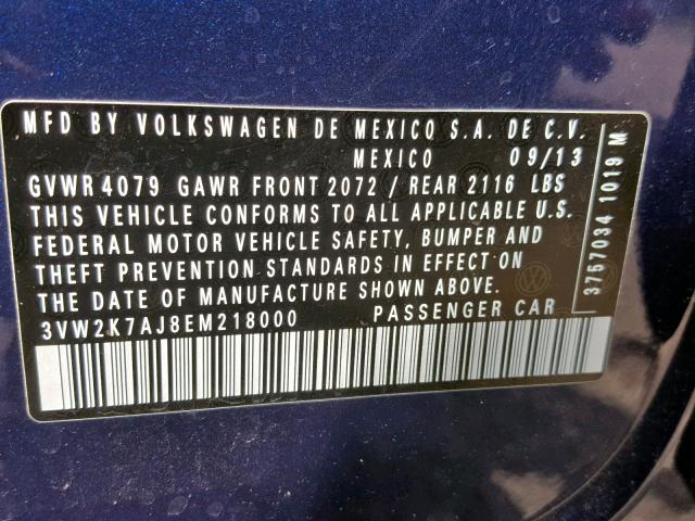 3VW2K7AJ8EM218000 - 2014 VOLKSWAGEN JETTA BASE BLUE photo 10