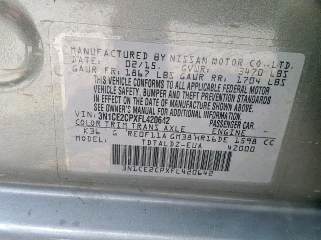 3N1CE2CPXFL420642 - 2015 NISSAN VERSA NOTE GRAY photo 10