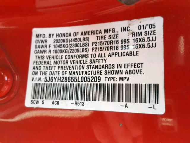 5J6YH28655L005209 - 2005 HONDA ELEMENT EX RED photo 10