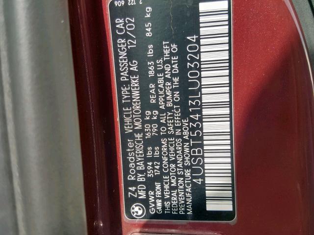 4USBT53413LU03204 - 2003 BMW Z4 3.0 BURGUNDY photo 10