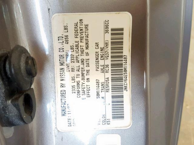 JNKCV64E58M114487 - 2008 INFINITI G37 BASE SILVER photo 10