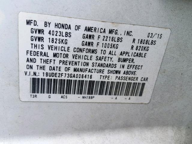 19UDE2F73GA006416 - 2016 ACURA ILX PREMIU WHITE photo 10