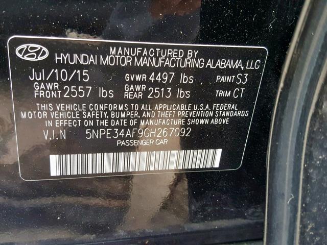 5NPE34AF9GH267092 - 2016 HYUNDAI SONATA SPO BLACK photo 10