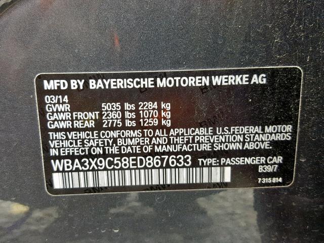 WBA3X9C58ED867633 - 2014 BMW 335 XIGT BLACK photo 10