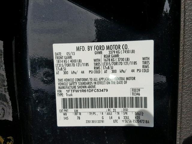 1FTFW1R61DFC53479 - 2013 FORD F150 SVT R GRAY photo 10