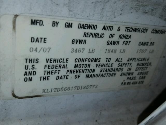 KL1TD56617B185773 - 2007 CHEVROLET AVEO BASE 白色 照片 10