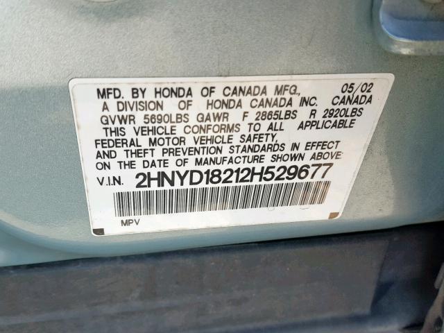 2HNYD18212H529677 - 2002 ACURA MDX SILVER photo 10