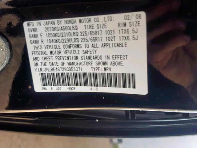 JHLRE48738C053371 - 2008 HONDA CR-V EXL BLACK photo 10