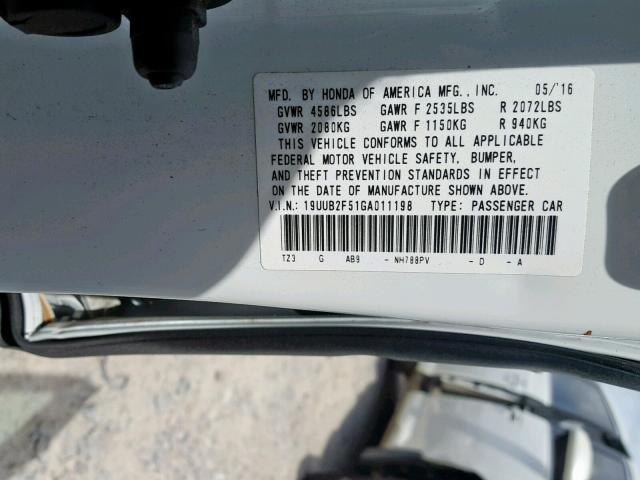 19UUB2F51GA011198 - 2016 ACURA TLX TECH WHITE photo 10