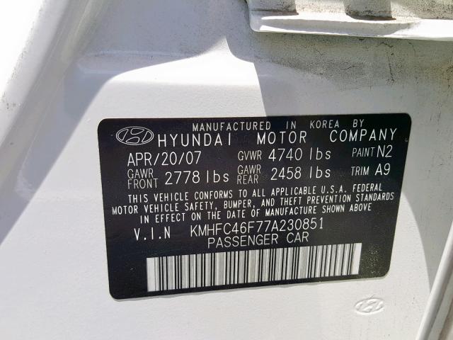 KMHFC46F77A230851 - 2007 HYUNDAI AZERA SE WHITE photo 10