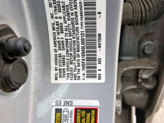 1HGFA16949L000101 - 2009 HONDA CIVIC EXL SILVER photo 10