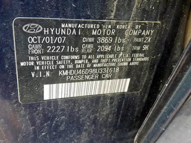 KMHDU46D98U331618 - 2008 HYUNDAI ELANTRA BLUE photo 10