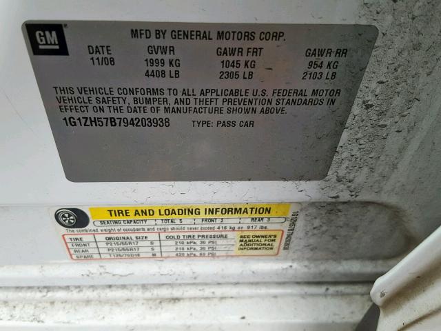 1G1ZH57B794203938 - 2009 CHEVROLET MALIBU 1LT 白色 照片 10