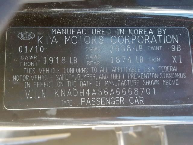 KNADH4A36A6668701 - 2010 KIA RIO LX BLACK photo 10