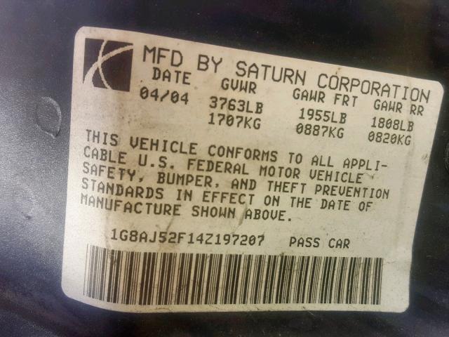 1G8AJ52F14Z197207 - 2004 SATURN ION LEVEL TEAL photo 10
