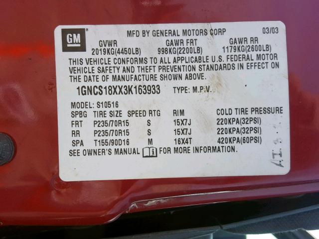 1GNCS18XX3K163933 - 2003 CHEVROLET BLAZER RED photo 10