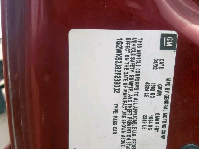 1G2WK52J82F239002 - 2002 PONTIAC GRAND PRIX MAROON photo 10