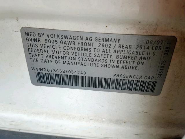 WVWDU73C58E054249 - 2008 VOLKSWAGEN PASSAT VR6 WHITE photo 10