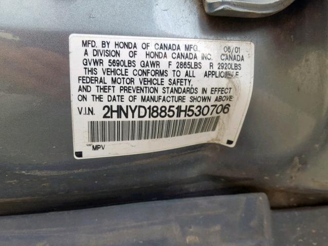 2HNYD18851H530706 - 2001 ACURA MDX TOURIN GRAY photo 10