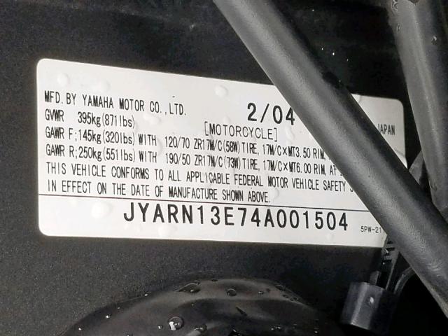 JYARN13E74A001504 - 2004 YAMAHA YZFR1 RED photo 10