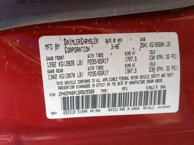 2A4GM48416R829380 - 2006 CHRYSLER PACIFICA RED photo 10