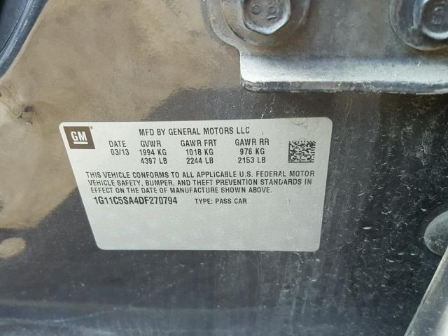 1G11C5SA4DF270794 - 2013 CHEVROLET MALIBU 1LT GRAY photo 10