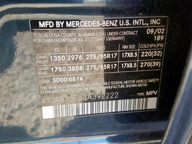 4JGAB75E53A392222 - 2003 MERCEDES-BENZ ML 500 BLUE photo 10