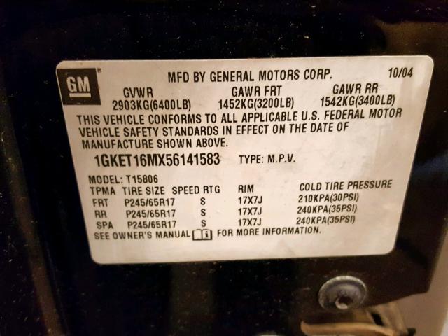 1GKET16MX56141583 - 2005 GMC ENVOY XL BLACK photo 10