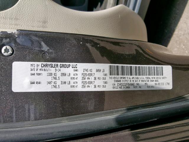 2C4RDGCG2FR549002 - 2015 DODGE GRAND CARA GRAY photo 10