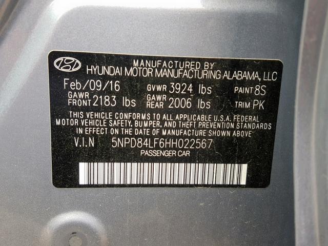 5NPD84LF6HH022567 - 2017 HYUNDAI ELANTRA GRAY photo 10