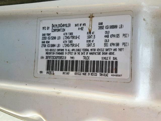 3B7KF23C02M285310 - 2002 DODGE RAM 2500 WHITE photo 10