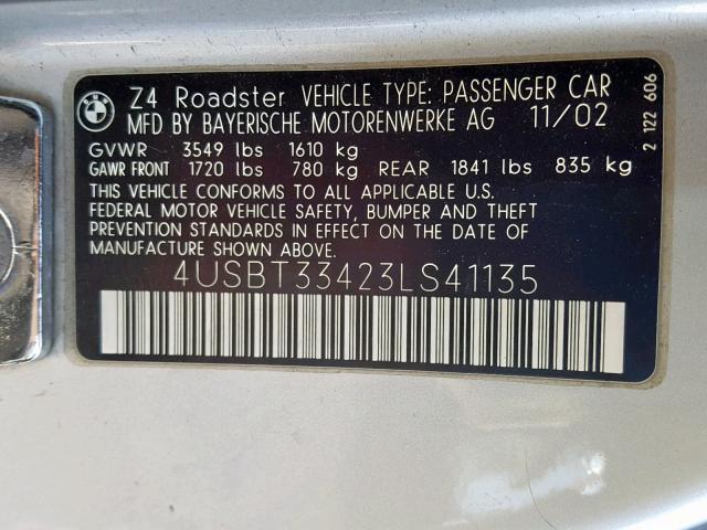 4USBT33423LS41135 - 2003 BMW Z4 2.5 SILVER photo 10